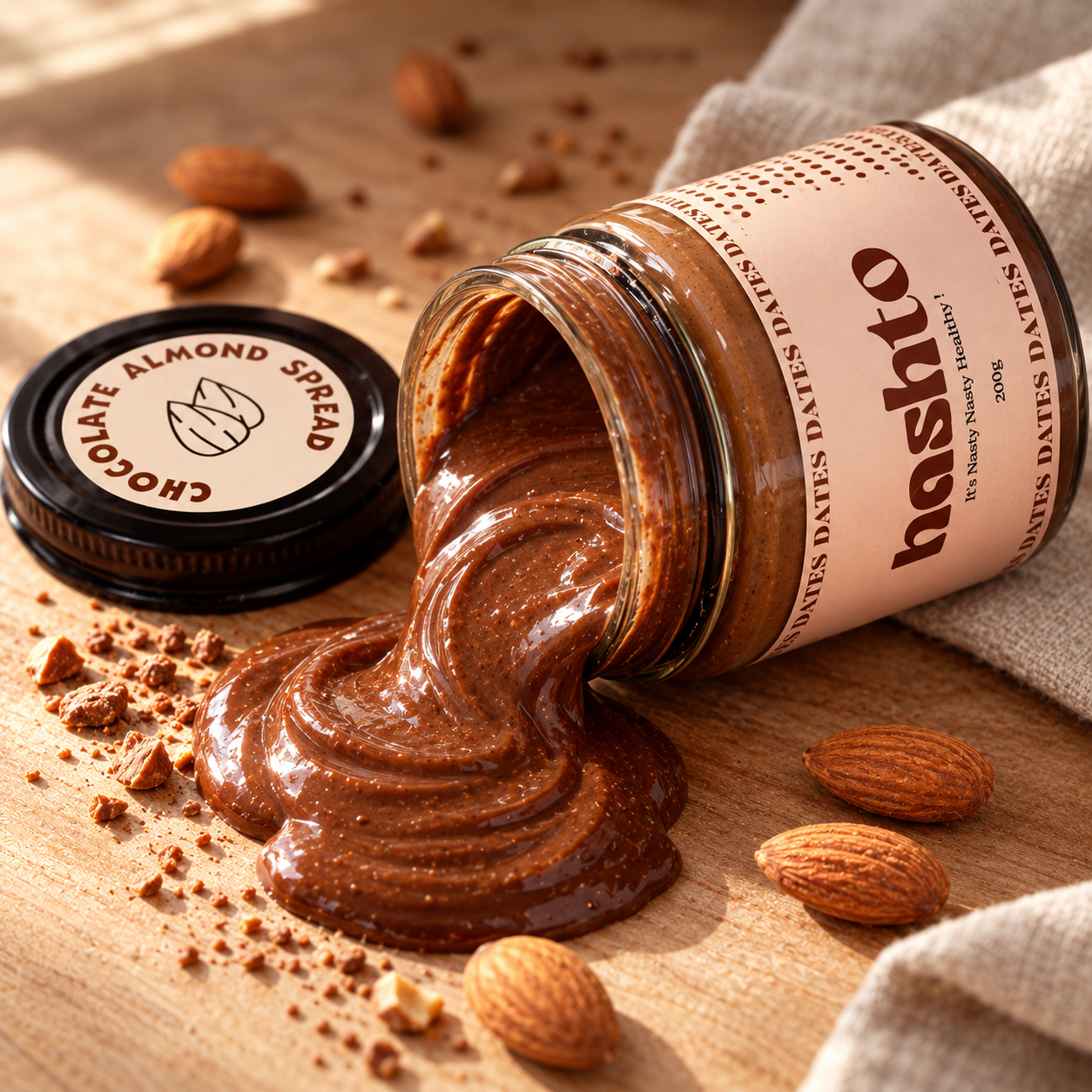 Nashto chocolate almond spread, freshly opened